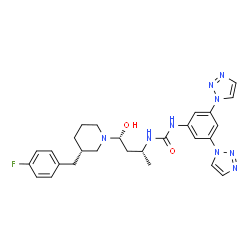 ChemSpider 2D Image | 1-[3,5-Di(1H-1,2,3-triazol-1-yl)phenyl]-3-{(2R,4R)-4-[(3S)-3-(4-fluorobenzyl)-1-piperidinyl]-4-hydroxy-2-butanyl}urea | C27H32FN9O2