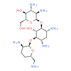 ChemSpider 2D Image | (1R,2S,3S,4R,6S)-4,6-Diamino-3-[(2,3-diamino-2,3-dideoxy-alpha-D-glucopyranosyl)oxy]-2-hydroxycyclohexyl 2,6-diamino-2,3,4,6-tetradeoxy-alpha-D-erythro-hexopyranoside | C18H38N6O7