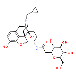 ChemSpider 2D Image | (1S)-1,5-Anhydro-1-(2-{[(5alpha,6alpha)-17-(cyclopropylmethyl)-3,14-dihydroxy-4,5-epoxymorphinan-6-yl]amino}-2-oxoethyl)-D-glucitol | C28H38N2O9