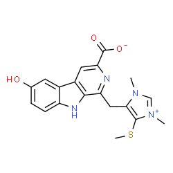 ChemSpider 2D Image | 1-{[1,3-Dimethyl-4-(methylsulfanyl)-1H-imidazol-3-ium-5-yl]methyl}-6-hydroxy-9H-beta-carboline-3-carboxylate | C19H18N4O3S