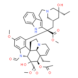 ChemSpider 2D Image | Methyl (2beta,3beta,4beta,5alpha,12beta,19alpha)-4-acetoxy-14-[(13S,15S,17S)-17-ethyl-17-hydroxy-13-(methoxycarbonyl)-1,11-diazatetracyclo[13.3.1.0~4,12~.0~5,10~]nonadeca-4(12),5,7,9-tetraen-13-yl]-1-
formyl-3-hydroxy-16-methoxy-6,7-didehydroaspidospermidine-3-carboxylate | C46H56N4O10