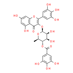 ChemSpider 2D Image | 5,7-Dihydroxy-4-oxo-2-(3,4,5-trihydroxyphenyl)-4H-chromen-3-yl 6-deoxy-4-O-(3,4,5-trihydroxybenzoyl)-beta-D-mannopyranoside | C28H24O16