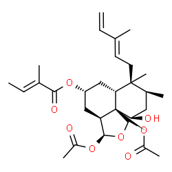 ChemSpider 2D Image | (1S,3S,3aS,5R,6aR,7S,8S,10R,10aR)-1,3-Diacetoxy-10-hydroxy-7,8-dimethyl-7-[(2E)-3-methyl-2,4-pentadien-1-yl]decahydronaphtho[1,8a-c]furan-5-yl (2E)-2-methyl-2-butenoate | C29H42O8