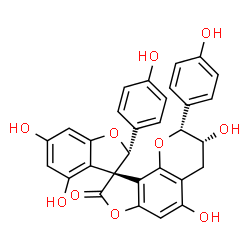 ChemSpider 2D Image | (2R,2'R,3S,3'R)-3',4,5',6-Tetrahydroxy-2,2'-bis(4-hydroxyphenyl)-3',4'-dihydro-2'H-spiro[1-benzofuran-3,9'-furo[2,3-h]chromen]-8'-one | C30H22O10