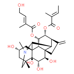 ChemSpider 2D Image | (1S,2R,3S,4S,5S,7S,9S,12S,13R,14R,15R,16S,17R)-2,3,4,7-Tetrahydroxy-9,11-dimethyl-15-{[(2E)-2-methyl-2-butenoyl]oxy}-19-methylene-11-azahexacyclo[12.3.2.0~1,13~.0~4,9~.0~5,12~.0~5,17~]nonadec-16-yl (2
E)-4-hydroxy-2-methyl-2-butenoate | C31H43NO9