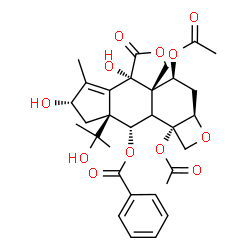 ChemSpider 2D Image | (2aR,4S,4aR,7aS,9S,10aS,11S,11bS)-4,11b-Diacetoxy-7a,9-dihydroxy-10a-(2-hydroxy-2-propanyl)-8-methyl-7-oxo-3,4,7,7a,9,10,10a,11,11a,11b-decahydro-1H,2aH-cyclopenta[2,3]oxeto[3',2':5,6]naphtho[1,8a-c]f
uran-11-yl benzoate | C31H36O12