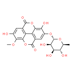ChemSpider 2D Image | 3,7-Dihydroxy-8-methoxy-5,10-dioxo-5,10-dihydrochromeno[5,4,3-cde]chromen-2-yl 6-deoxy-alpha-L-mannopyranoside | C21H18O12