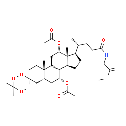 ChemSpider 2D Image | Methyl N-{(4R)-4-[(5R,7R,8R,9S,10S,12S,13R,14S,17R)-7,12-diacetoxy-6',6',10,13-tetramethylhexadecahydrospiro[cyclopenta[a]phenanthrene-3,3'-[1,2,4,5]tetroxan]-17-yl]pentanoyl}glycinate | C34H53NO11