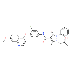 ChemSpider 2D Image | N-{3-Fluoro-4-[(7-methoxy-4-quinolinyl)oxy]phenyl}-1-[(2R)-2-hydroxypropyl]-5-methyl-3-oxo-2-phenyl-2,3-dihydro-1H-pyrazole-4-carboxamide | C30H27FN4O5