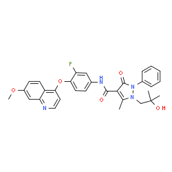 ChemSpider 2D Image | N-[3-fluoro-4-[(7-methoxy-4-quinolinyl)oxy]phenyl]-1-(2-hydroxy-2-methylpropyl)-5-methyl-3-oxo-2-phenyl-4-pyrazolecarboxamide | C31H29FN4O5