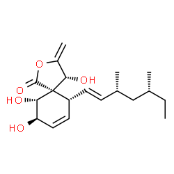 ChemSpider 2D Image | (4R,5R,6R,9R,10R)-6-[(1E,3R,5R)-3,5-Dimethyl-1-hepten-1-yl]-4,9,10-trihydroxy-3-methylene-2-oxaspiro[4.5]dec-7-en-1-one | C19H28O5