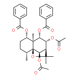ChemSpider 2D Image | (1S,2R,5S,6S,7S,8R,9R,12R)-8,12-Diacetoxy-2,6,10,10-tetramethyl-11-oxatricyclo[7.2.1.0~1,6~]dodecane-5,7-diyl dibenzoate | C33H38O9