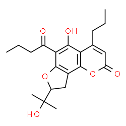 ChemSpider 2D Image | 6-Butyryl-5-hydroxy-8-(2-hydroxy-2-propanyl)-4-propyl-8,9-dihydro-2H-furo[2,3-h]chromen-2-one | C21H26O6