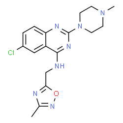 ChemSpider 2D Image | 6-Chloro-N-[(3-methyl-1,2,4-oxadiazol-5-yl)methyl]-2-(4-methyl-1-piperazinyl)-4-quinazolinamine | C17H20ClN7O