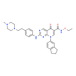 ChemSpider 2D Image | 8-(2,3-Dihydro-1H-inden-5-yl)-N-ethoxy-2-({4-[2-(4-methyl-1-piperazinyl)ethyl]phenyl}amino)-5-oxo-5,8-dihydropyrido[2,3-d]pyrimidine-6-carboxamide | C32H37N7O3