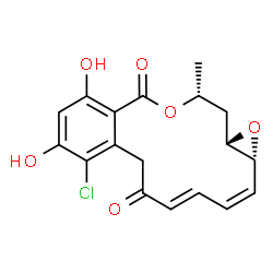 ChemSpider 2D Image | (1aR,2Z,4E,14R,15aS)-8-Chloro-9,11-dihydroxy-14-methyl-1a,14,15,15a-tetrahydro-6H-oxireno[e][2]benzoxacyclotetradecine-6,12(7H)-dione | C18H17ClO6