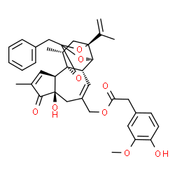 ChemSpider 2D Image | [(1R,2R,6R,10S,11R,15S,17R)-13-Benzyl-6-hydroxy-15-isopropenyl-4,17-dimethyl-5-oxo-12,14,18-trioxapentacyclo[11.4.1.0~1,10~.0~2,6~.0~11,15~]octadeca-3,8-dien-8-yl]methyl (4-hydroxy-3-methoxyphenyl)ace
tate | C37H40O9
