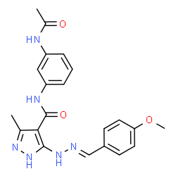 ChemSpider 2D Image | N-(3-Acetamidophenyl)-5-[(2E)-2-(4-methoxybenzylidene)hydrazino]-3-methyl-1H-pyrazole-4-carboxamide | C21H22N6O3