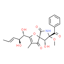 ChemSpider 2D Image | (5S,8S,9R)-8-Benzoyl-2-[(1S,2S,3E)-1,2-dihydroxy-3-penten-1-yl]-9-hydroxy-8-methoxy-3-methyl-1-oxa-7-azaspiro[4.4]non-2-ene-4,6-dione | C21H23NO8