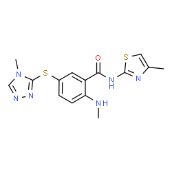 ChemSpider 2D Image | 2-(Methylamino)-N-(4-methyl-1,3-thiazol-2-yl)-5-[(4-methyl-4H-1,2,4-triazol-3-yl)sulfanyl]benzamide | C15H16N6OS2