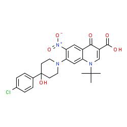ChemSpider 2D Image | 7-[4-(4-Chlorophenyl)-4-hydroxy-1-piperidinyl]-1-(2-methyl-2-propanyl)-6-nitro-4-oxo-1,4-dihydro-3-quinolinecarboxylic acid | C25H26ClN3O6