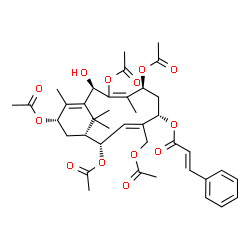 ChemSpider 2D Image | (1R,2S,3E,5S,7S,10R,13S)-2,7,9,13-Tetraacetoxy-4-(acetoxymethyl)-10-hydroxy-8,12,15,15-tetramethylbicyclo[9.3.1]pentadeca-3,8,11-trien-5-yl (2E)-3-phenylacrylate | C39H48O13