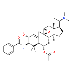 ChemSpider 2D Image | (2R,3R,5aR,6aS,7aR,8S,10aS,10bS,12S,12aR)-2-(Benzoylamino)-8-[(1S)-1-(dimethylamino)ethyl]-3-hydroxy-1,1,7a,10a-tetramethyl-1,3,5,6a,7,7a,8,9,10,10a,10b,11,12,12a-tetradecahydro-2H-benzo[4',5']cyclohe
pta[1',2':4,5]indeno[5,6-b]oxiren-12-yl acetate | C35H50N2O5