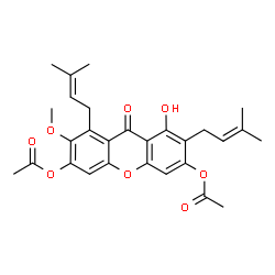 ChemSpider 2D Image | 1-Hydroxy-7-methoxy-2,8-bis(3-methyl-2-buten-1-yl)-9-oxo-9H-xanthene-3,6-diyl diacetate | C28H30O8
