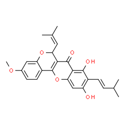 ChemSpider 2D Image | 8,10-Dihydroxy-3-methoxy-9-[(1E)-3-methyl-1-buten-1-yl]-6-(2-methyl-1-propen-1-yl)-6H,7H-chromeno[4,3-b]chromen-7-one | C26H26O6