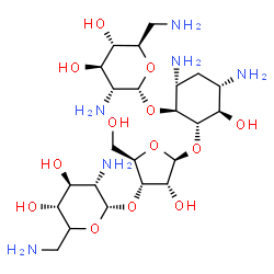 ChemSpider 2D Image | (1S,2S,3R,4S,6R)-4,6-Diamino-2-({3-O-[(5xi)-2,6-diamino-2,6-dideoxy-alpha-L-xylo-hexopyranosyl]-beta-D-ribofuranosyl}oxy)-3-hydroxycyclohexyl 2,6-diamino-2,6-dideoxy-alpha-D-glucopyranoside | C23H46N6O13