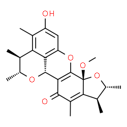 ChemSpider 2D Image | (2R,3S,5bR,7R,8S,12bR)-10-Hydroxy-12b-methoxy-2,3,4,7,8,9-hexamethyl-2,3,5b,7,8,12b-hexahydro-5H-furo[3,2-c]pyrano[4,3,2-kl]xanthen-5-one | C24H28O6