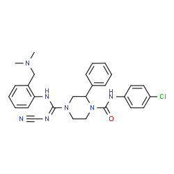 ChemSpider 2D Image | N-(4-Chlorophenyl)-4-(N-cyano-N'-{2-[(dimethylamino)methyl]phenyl}carbamimidoyl)-2-phenyl-1-piperazinecarboxamide | C28H30ClN7O