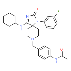 ChemSpider 2D Image | N-(4-{[4-(Cyclohexylamino)-1-(3-fluorophenyl)-2-oxo-1,3,8-triazaspiro[4.5]dec-3-en-8-yl]methyl}phenyl)acetamide | C28H34FN5O2