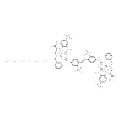 ChemSpider 2D Image | Hexasodium 2,2'-{(E)-1,2-ethenediylbis[(3-sulfonato-4,1-phenylene)imino{6-[(3-amino-3-oxopropyl)(benzyl)amino]-1,3,5-triazine-4,2-diyl}imino]}di(1,4-benzenedisulfonate) | C52H44N14Na6O20S6