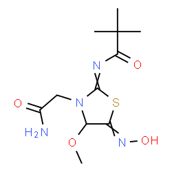 ChemSpider 2D Image | N-[3-(2-Amino-2-oxoethyl)-5-(hydroxyimino)-4-methoxy-1,3-thiazolidin-2-ylidene]-2,2-dimethylpropanamide | C11H18N4O4S