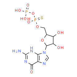 ChemSpider 2D Image | 2-Amino-9-{5-O-[(phosphonooxy)(sulfanyl)phosphoryl]pentofuranosyl}-1,9-dihydro-6H-purin-6-one | C10H15N5O10P2S