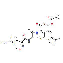 ChemSpider 2D Image | [(2,2-Dimethylpropanoyl)oxy]methyl (6S,7S)-7-{[(2E)-2-(2-amino-1,3-thiazol-4-yl)-2-(methoxyimino)acetyl]amino}-3-[(Z)-2-(4-methyl-1,3-thiazol-5-yl)vinyl]-8-oxo-5-thia-1-azabicyclo[4.2.0]oct-2-ene-2-carboxylate | C25H28N6O7S3
