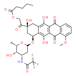 ChemSpider 2D Image | 2-Oxo-2-[(2S,4S)-2,5,12-trihydroxy-7-methoxy-6,11-dioxo-4-({2,3,6-trideoxy-3-[(trifluoroacetyl)amino]-beta-L-lyxo-hexopyranosyl}oxy)-1,2,3,4,6,11-hexahydro-2-tetracenyl]ethyl valerate | C34H36F3NO13