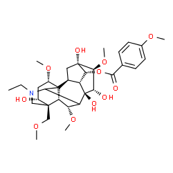ChemSpider 2D Image | (1alpha,3alpha,6alpha,10alpha,13alpha,14alpha,15alpha,16beta,17xi)-20-Ethyl-3,8,13,15-tetrahydroxy-1,6,16-trimethoxy-4-(methoxymethyl)aconitan-14-yl 4-methoxybenzoate | C33H47NO11