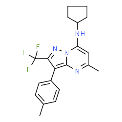 ChemSpider 2D Image | N-Cyclopentyl-5-methyl-3-(4-methylphenyl)-2-(trifluoromethyl)pyrazolo[1,5-a]pyrimidin-7-amine | C20H21F3N4