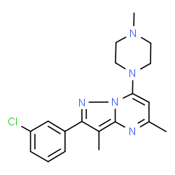 ChemSpider 2D Image | 2-(3-Chlorophenyl)-3,5-dimethyl-7-(4-methyl-1-piperazinyl)pyrazolo[1,5-a]pyrimidine | C19H22ClN5