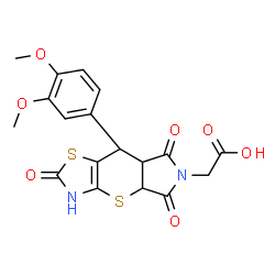 ChemSpider 2D Image | [8-(3,4-Dimethoxyphenyl)-2,5,7-trioxo-3,4a,5,7,7a,8-hexahydropyrrolo[3',4':5,6]thiopyrano[2,3-d][1,3]thiazol-6(2H)-yl]acetic acid | C18H16N2O7S2