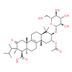 ChemSpider 2D Image | (1R,2R,4aS,6aR,8R,9R,10aS,12aS)-9-Acetoxy-8-(beta-D-glucopyranosyloxy)-2,4a,7,7,10a,12a-hexamethyl-2-(3-methyl-2-butanyl)-3-oxo-1,2,3,4,4a,5,6,6a,7,8,9,10,10a,11,12,12a-hexadecahydro-1-chrysenecarboxy
lic acid | C38H60O11