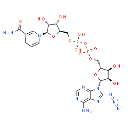 ChemSpider 2D Image | [(2R,3S,4R,5R)-5-(6-amino-8-azido-purin-9-yl)-3,4-dihydroxy-tetrahydrofuran-2-yl]methyl [[(2R,3S,4R,5R)-5-(3-carbamoyl-4H-pyridin-1-yl)-3,4-dihydroxy-tetrahydrofuran-2-yl]methoxy-hydroxy-phosphoryl] hydrogen phosphate | C21H29N10O14P2