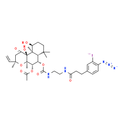 ChemSpider 2D Image | (3R,4aR,5S,6S,6aS,10S,10aR,10bS)-6-({[2-({3-[4-Azido-3-(~125~I)iodophenyl]propanoyl}amino)ethyl]carbamoyl}oxy)-10,10b-dihydroxy-3,4a,7,7,10a-pentamethyl-1-oxo-3-vinyldodecahydro-1H-benzo[f]chromen-5-y
l acetate | C34H47IN5O9