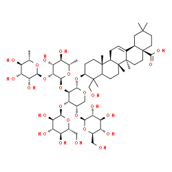 ChemSpider 2D Image | (3beta,5xi,18alpha)-3-{[6-Deoxy-alpha-L-mannopyranosyl-(1->2)-6-deoxy-alpha-L-mannopyranosyl-(1->2)-[alpha-D-glucopyranosyl-(1->3)]-[beta-D-glucopyranosyl-(1->4)]-alpha-L-arabinopyranosyl]oxy}-23-hydr
oxyolean-12-en-28-oic acid | C59H96O26
