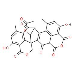 ChemSpider 2D Image | 9,19-Dihydroxy-11,17-dimethyl-3,5,7,15,21-pentaoxo-6,22-dioxaheptacyclo[12.9.1.1~1,16~.1~4,8~.0~2,13~.0~12,26~.0~20,25~]hexacosa-2(13),8(26),9,11,16(25),17,19-heptaen-24-yl acetate | C28H18O11