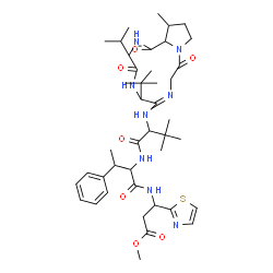 ChemSpider 2D Image | (Z)-N-(6-tert-Butyl-3-isopropyl-14-methyl-1,4,10-trioxododecahydropyrrolo[1,2-a][1,4,7,10]tetraazacyclododecin-7(8H)-ylidene)-3-methylvalyl-N-[3-methoxy-3-oxo-1-(1,3-thiazol-2-yl)propyl]-beta-methylphenylalaninamide | C42H62N8O7S