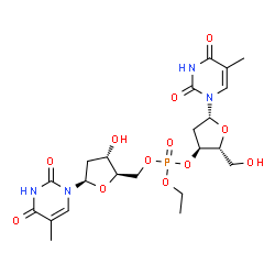 ChemSpider 2D Image | Ethyl [(2R,3S,5R)-3-hydroxy-5-(5-methyl-2,4-dioxo-3,4-dihydro-1(2H)-pyrimidinyl)tetrahydro-2-furanyl]methyl (2R,3S,5R)-2-(hydroxymethyl)-5-(5-methyl-2,4-dioxo-3,4-dihydro-1(2H)-pyrimidinyl)tetrahydro-
3-furanyl phosphate | C22H31N4O12P