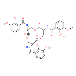 ChemSpider 2D Image | Iron(3+) hydrogen 3,3',3''-[(2,6,10-trioxo-1,5,9-trioxacyclododecane-3,7,11-triyl)tricarbamoyl]tri(1,2-benzenediolate) (1:3:1) | C30H21FeN3O15